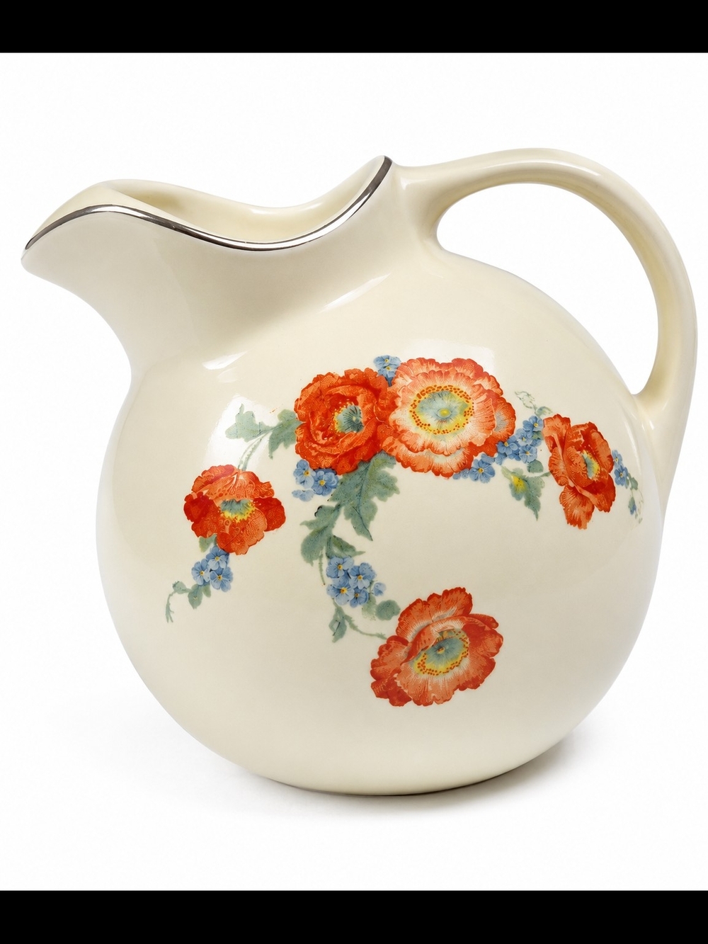 Cream Ceramic Pitcher with Red Floral Pattern